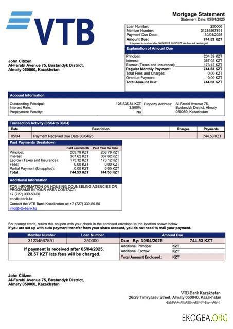 Kazakhstan VTB Bank Kazakhstan prêt hypothécaire Modèle Word et PDF